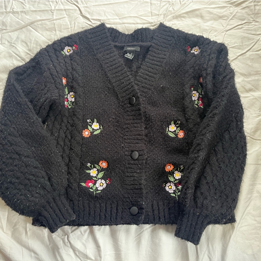 Forever 21 Black Floral Embroidered Cardigan